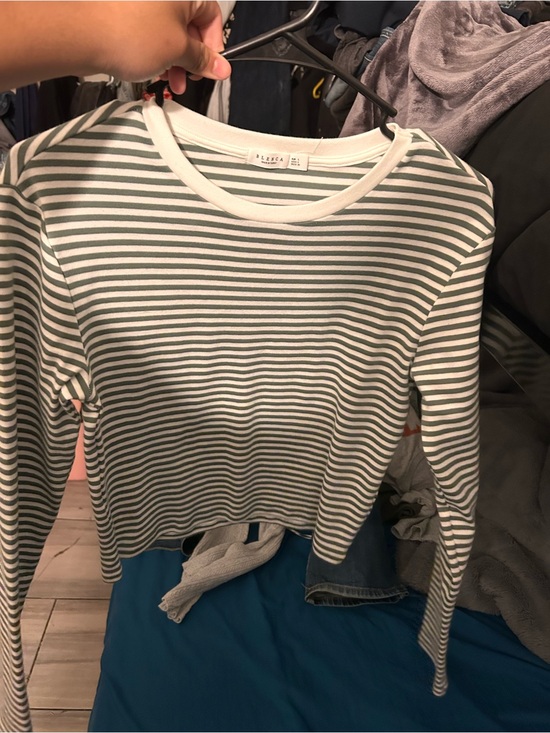 blenca Tops - Everyday Striped Crewneck Long Sleeve Tee - Green/White